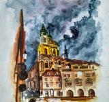 Praha, Malostranské náměstí, akvarel, Josef Pepíno Balek