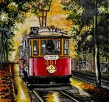 Historická tramvaj, Písecká brána Praha, akvarel, Josef Pepíno Balek
